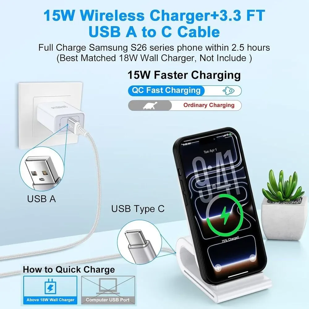 15W Fast Wireless Charger Stand for Samsung Z Fold 8 Flip 8 S26 Ultra Pixel 10
